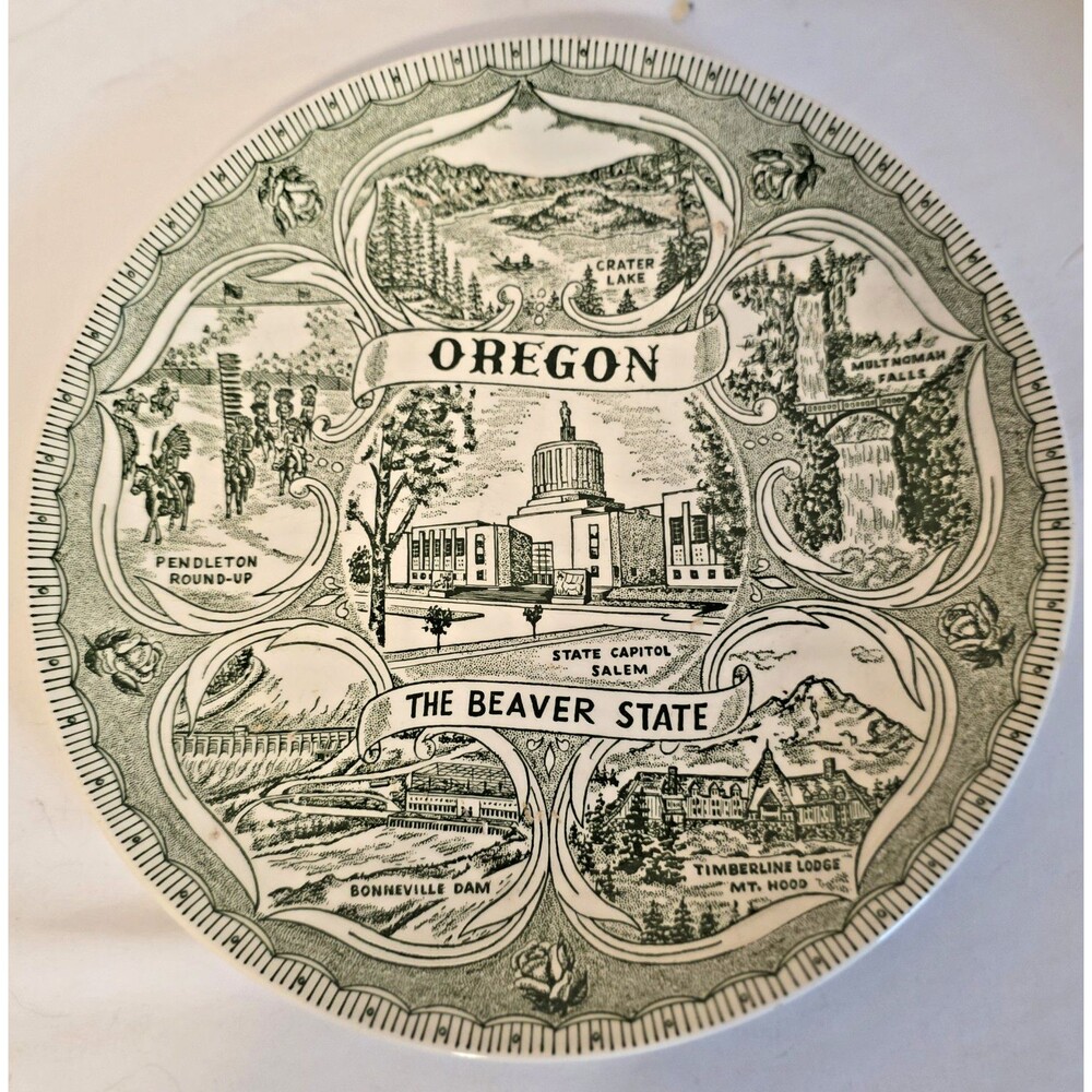 Vtg MCM Green Oregon Gem State Souvenir Landmark Plate State 9.5” Green